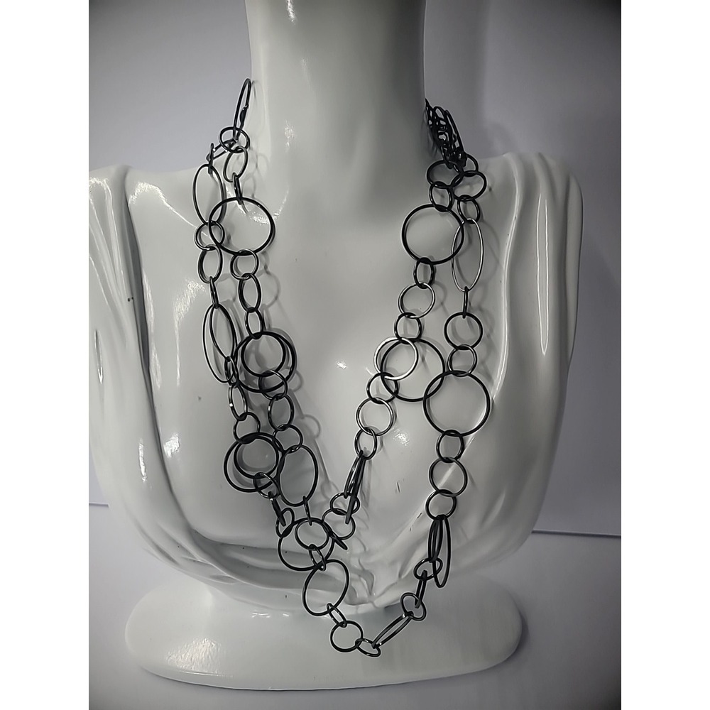 Vintage NY‎ Necklace Chain Oval Round Gray Metal Jewelry Costume